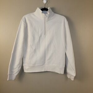 White Quarter Zip Pullover Sweatshirt Womens Medium Athleisure Mock Neck Fleece
